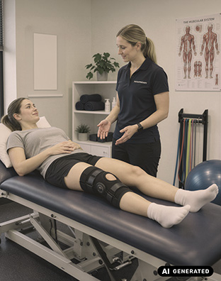 Physiotherapeutin im Gespräch mit einer Patientin mit Knieorthese auf der Behandlungsliege. Mit KI erstellt.